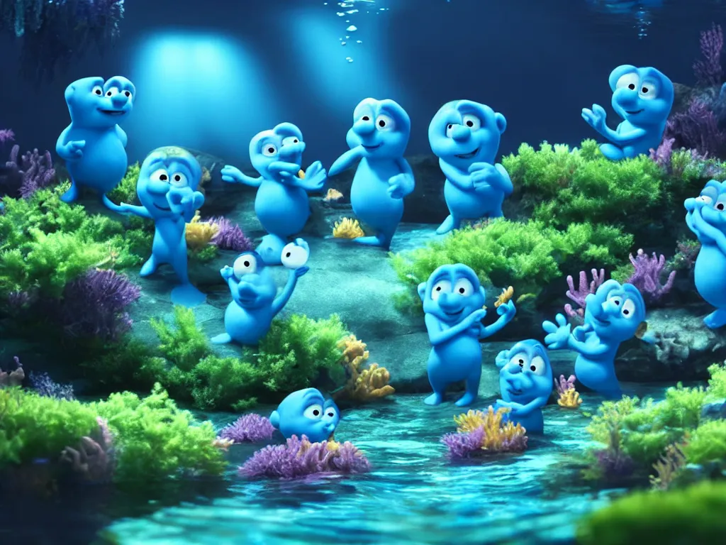 Image similar to underwater smurfs swimming with bioluminescent fishes, photorealistic painting, cgi, low volumetric light, movie still, very cute and cozy and fluffy and sweet