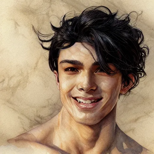 Prompt: young boy, black hair, confident smile, muscular, gorgeous, amazing, delicate, elegant, intricate, highly detailed, watercolor, portrait, artstation, concept art, sharp focus, illustration, art by artherm and greg rutkowski and alphonse mucha