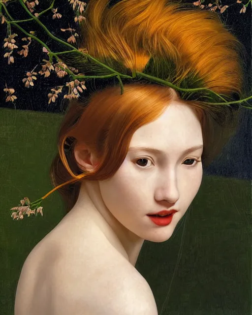 Image similar to a happy, modern looking young woman, seen from behind, among the lights of golden fireflies and nature, long loose red hair, intricate details, green eyes, small nose with freckles, oval smiling face, golden ratio, high contrast, hyper realistic digital art by artemisia lomi gentileschi and caravaggio and artgerm.