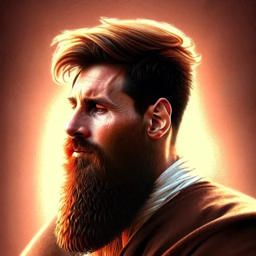 Image similar to Messi with a majestic beard, closeup, D&D, fantasy, intricate, elegant, highly detailed, digital painting, artstation, concept art, matte, sharp focus, illustration, art by Artgerm and Greg Rutkowski and Alphonse Mucha