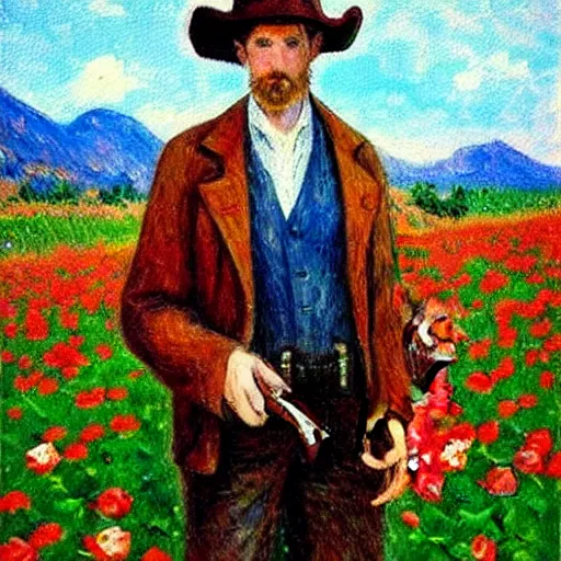 Prompt: an impressionist painting of a tall man with blue eyes and brown hair that is wearing a wide brim leather hat and a leather vest. He is holding a revolver in his left hand and a ((((red rose is in his right hand))))!!!!!!!!!!!, He is standing in a field of roses, Blue sky in the background, trending on artstation