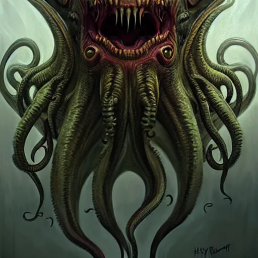 Prompt: Facial portrait cthulhu, looking at the camera, slight evil smile, lips wide parted, mouth wide open, sharp teeth visible, fear inspiring, intimidating, extremely detailed painting by Greg Rutkowski and by Henry Justice Ford and by Steve Henderson