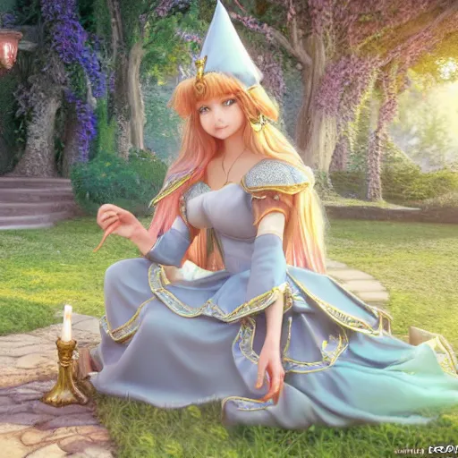 Prompt: a very detailed, ultra-realistic, pleasant, beautiful, funny, smooth 3D CG render, semirealistic anime style, close-up of a gorgeous, cute, gentle, noble priestess magician princess girl wearing dress and jewelry, in a glorious magic kingdom with castle and walls, relaxing calm vibes, fairytale, octane render