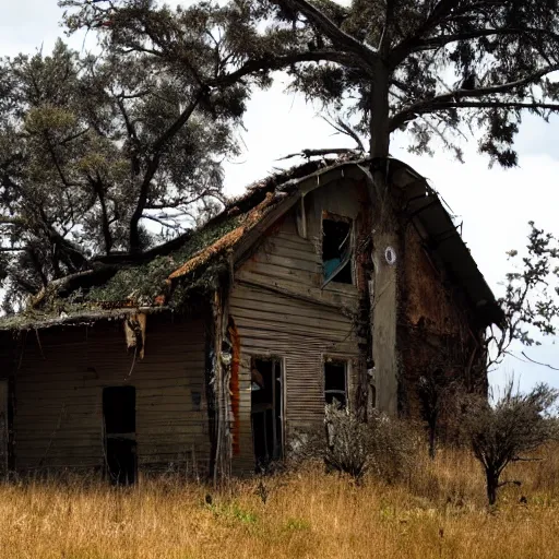 Prompt: a dilapidated house in the wilderness