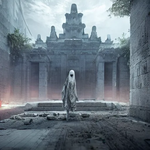 Image similar to scary ghost staying in the middle of abandoned huge temple, matte painting, hyper realistic render, cryengine, unreal engine, cyberpunk, dark art, digital art