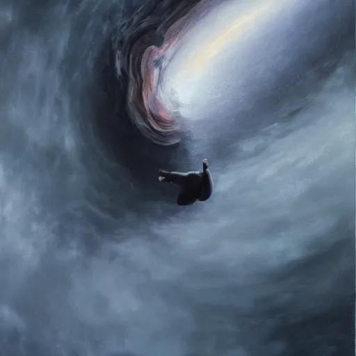 Image similar to man falling in a black hole, oil painting, pale colors, high detail, 8 k, wide angle, trending on artstation,