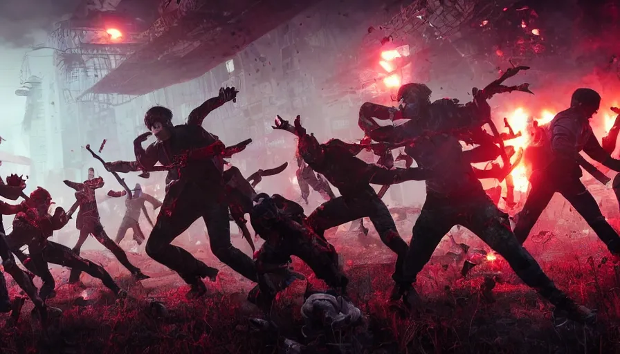 Image similar to full - body action shot of bts as heroes fight a horde of zombies, in the style of k - pop, epic, cinematic, volumetric lighting, symmetry, octane render, artstation, highly - detailed, unreal 5, realism,