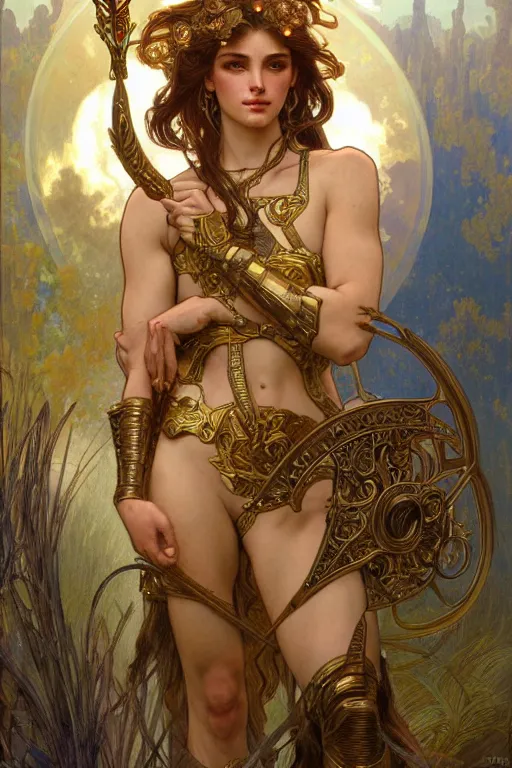 Image similar to painted portrait of artemis wearing armor, greek god, feminine, powerful, beautiful, upper body, muscular, fantasy, intricate, elegant, highly detailed, digital painting, artstation, concept art, smooth, sharp focus, illustration, art by gaston bussiere and alphonse mucha