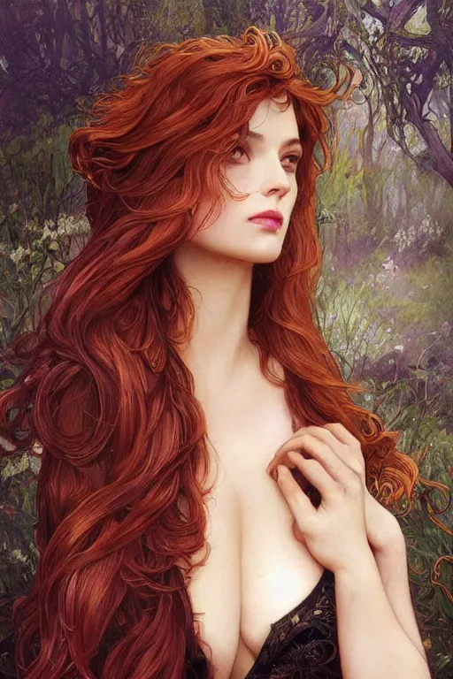 Image similar to a beautiful woman with auburn, fantasy, intricate, elegant, dramatic lighting, beautiful woman, gorgeous face, black gown, highly detailed, lifelike, photorealistic, digital painting, artstation, illustration, concept art, smooth, sharp focus, art by John Collier and Albert Aublet and Krenz Cushart and Artem Demura and Alphonse Mucha