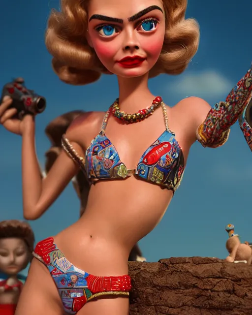 Image similar to highly detailed closeup, face profile portrait of a tin toy retro 1 9 5 0 s cara delevingne, bikini, unreal engine, nicoletta ceccoli, mark ryden, earl norem, lostfish, global illumination, detailed and intricate environment