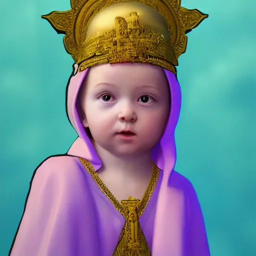 Prompt: Renaissance portrait of a holy catholic baby, trending on art station, 4k UHD, 8k, painting illustration, realistic volumetric lighting, rendered in unreal engine, high detail, photorealistic, Lisa frank