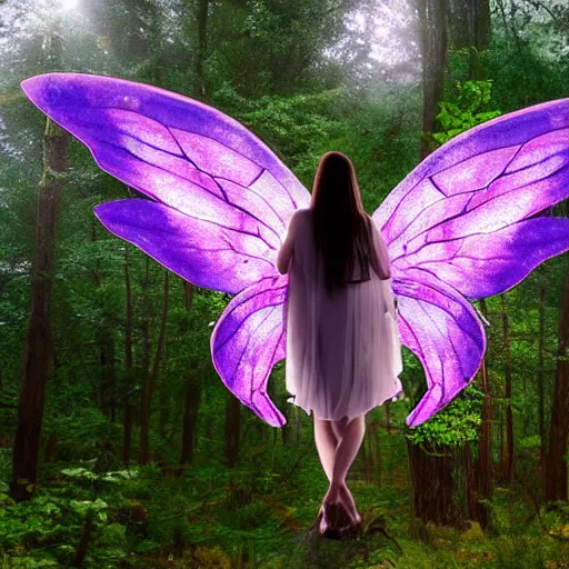 Prompt: a fairy with beautiful wings in the woods