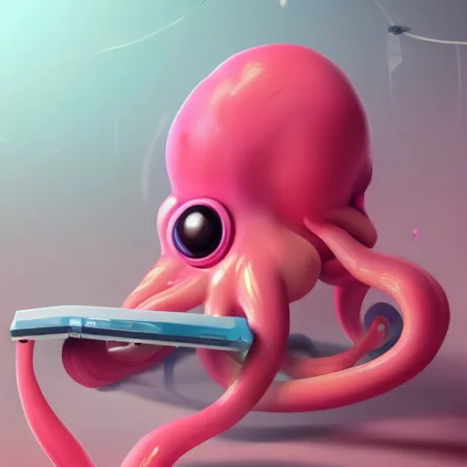 Image similar to a cute pink octopus playing videogames, digital art, trending on artstation, cgsociety, octane render, RPG portrait, dynamic lighting, hyperrealistic