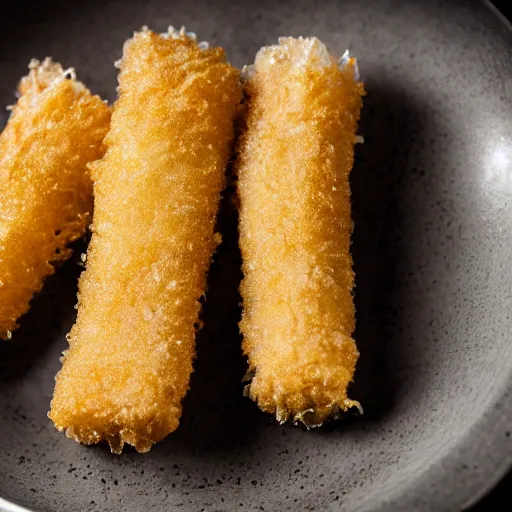 Image similar to Soaking wet soggy fish stick drenched with a stream water from a faucet on a moist wet plate. Very wet delicious crusty fish sticks. Macro lens close up 4K food commercial shot