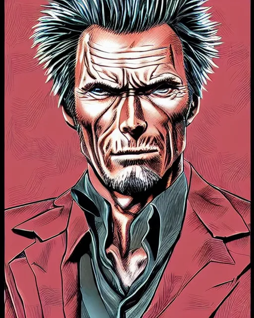 Image similar to Digital color pen drawing of Clint Eastwood from JoJo\'s Bizzare Adventure, highly detailed, sharp focus, screentone shading, 1990 manga panel, trending on ArtStation, manga cover art drawn by Hirohiko Araki