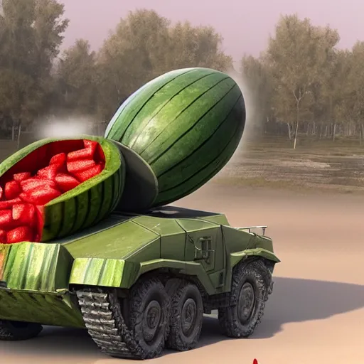 Prompt: Very very very very highly detailed Watermelon as military vehicle with epic weapons, launching rockets on a battlefield in russian city as background. More Military vehicle less watermelon . Concept digital 3D art in style of Caspar David Friedrich, super rendered in Octane Render, epic RTX dimensional dramatic light