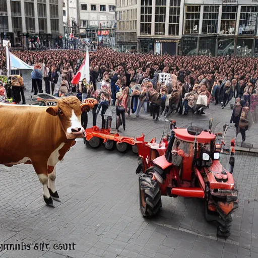 Prompt: cows protesting with farmers tractors on dam square