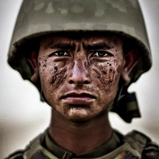 Prompt: soldier!!!!! portrait!!!!! pain, eyes, shoulders, sadness, soft focus, national geographic