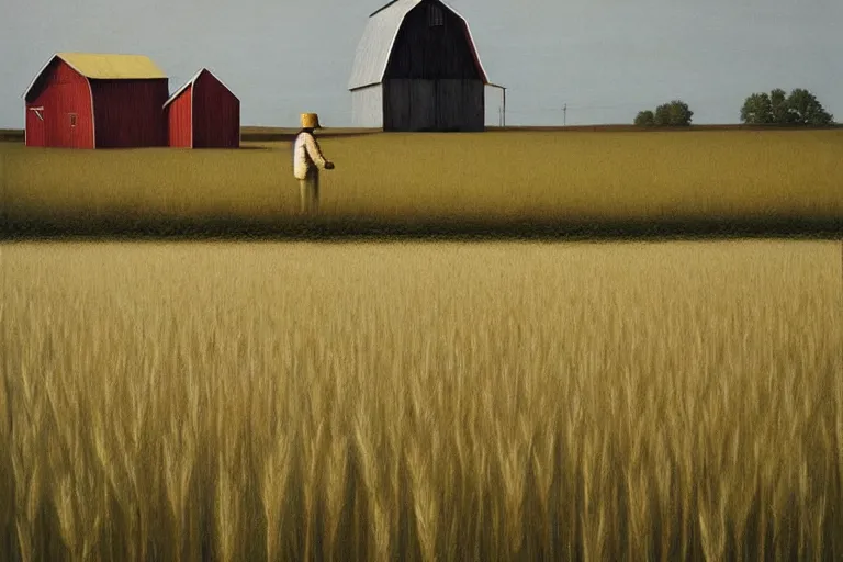 Image similar to a wheat field with a scarecrow and a barn artwork by tim eitel