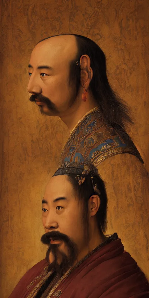 Image similar to Highly detailed and cinematic Renaissance period portrait oil painting Kublai Khan, an oil painting ((masterpiece)) by ((Josep Tapiró Baró)), dynamic lighting, 8K