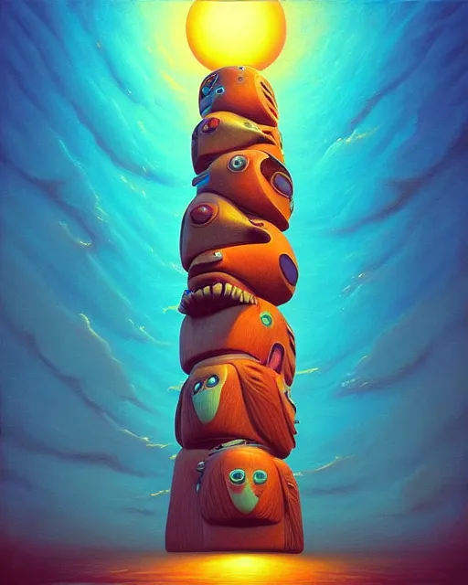 Image similar to a painting of randy manzo totem pole, a surrealist painting by Naoto Hattori, sunset, by Beeple, symmetry, by Makoto Shinkai and Lois van baarle, trending on deviantart, pop surrealism, lowbrow,, whimsical