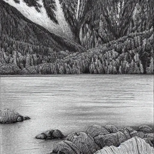 Prompt: lago di sorapis, hyper - realistic black and white drawing, hyper detailed, in the style of den yakovelv