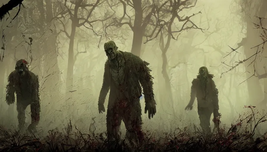 Image similar to Zombies coming out of the swamp, big fog, hyperdetailed, artstation, cgsociety, 8k