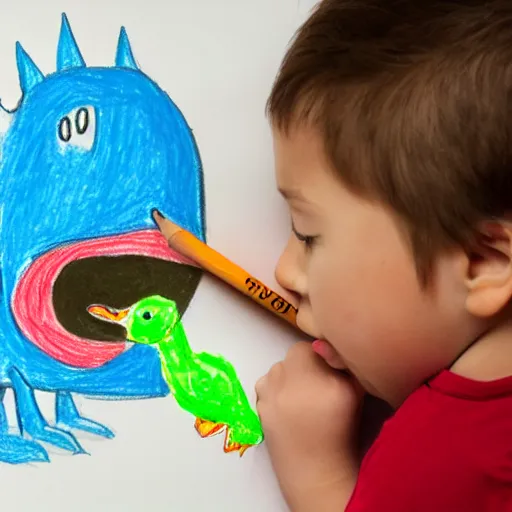 Prompt: a child's drawing of a dinosaur eating a duck in crayon