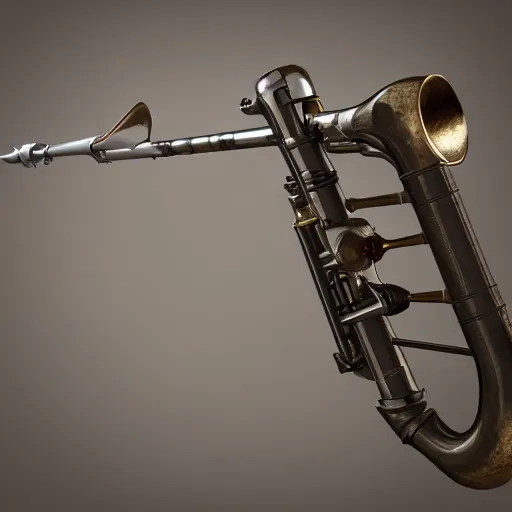 Image similar to trumpet gun, a trumpet with a trigger, magazine, and stock, high quality, unreal engine 5 render, high quality render, octane render, photo realistic, ultra detail, cinematic lighting, realistic