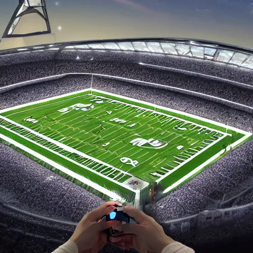 Prompt: a touchdown pass in a stadium in space from the perspective of the wide receiver