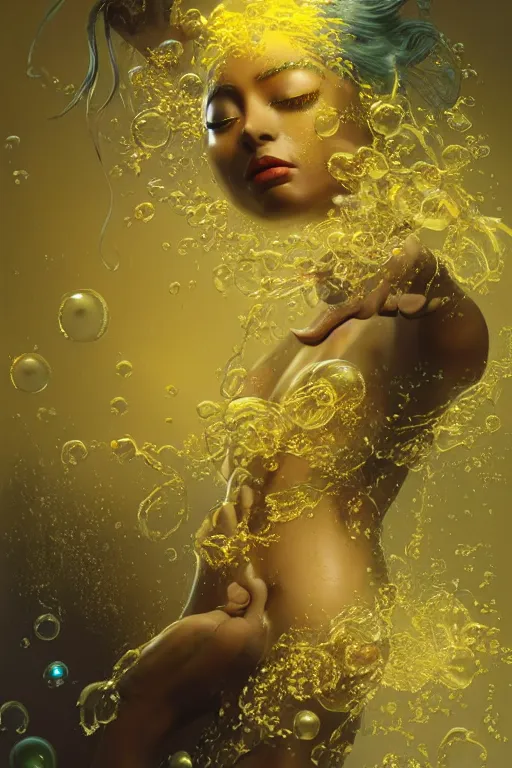 Prompt: epic 3 d oshun, liquid hands and feet spinning, 2 0 mm, with gold and yellow fresh water, melting smoothly into asymmetrical bubbles and fish, liquid, delicate, beautiful, intricate, houdini sidefx, trending on artstation, by jeremy mann and ilya kuvshinov, jamie hewlett and ayami kojima