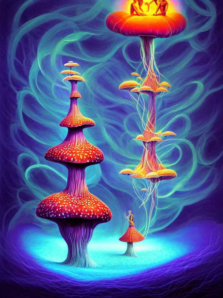 Prompt: portrait of shiva and vishnu, extremely beautiful floating and merging among many nebula stars with lots of gigantic mushrooms and jellyfish, symmetrical composition, by gediminas pranckevicius, rafal olbinski, rob gonsalves, vladimir kush, digital painting, octane rendered, crepuscular rays, neon colors vibrant colors, trending on artstation