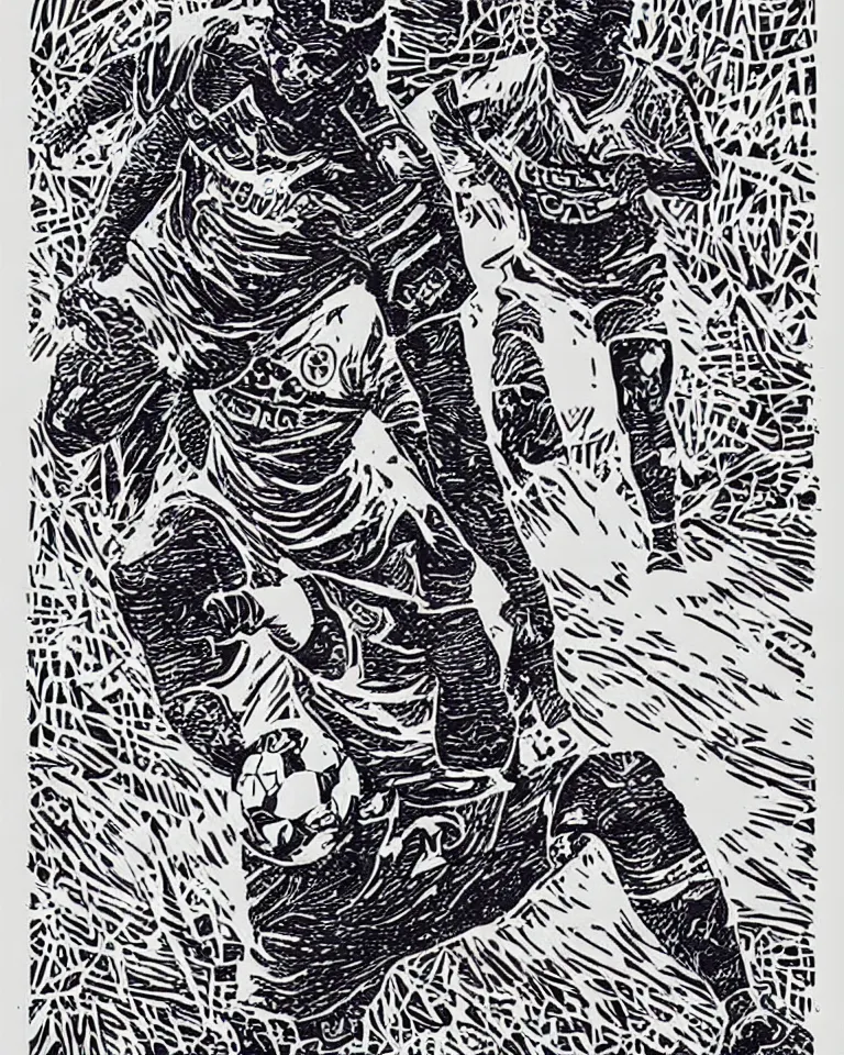 Image similar to a detailed lifelike linocut engraving of zico flamengo