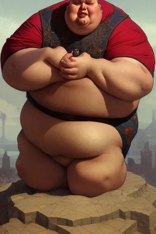 Image similar to an overweight man as a human cannonball, realistic painting, symmetrical, highly detailed, digital painting, artstation, concept art, smooth, sharp focus, illustration, cinematic lighting, art by artgerm and greg rutkowski and alphonse mucha