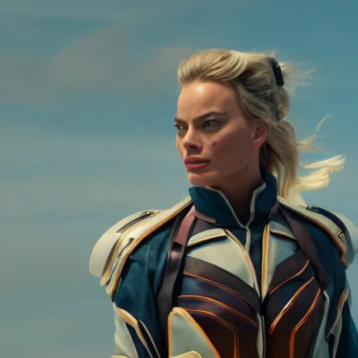 Image similar to action shots of Margot Robbie as mercy from over watch, alternate angle, imax, 4K, cinematic, volumetric