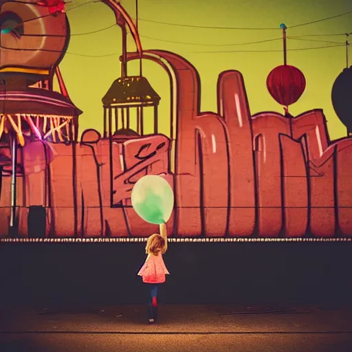 Image similar to a girl holding a balloon at a fairground. buildings with graffiti in the background. silhouette. night. photograph in the style of simon stalenhag