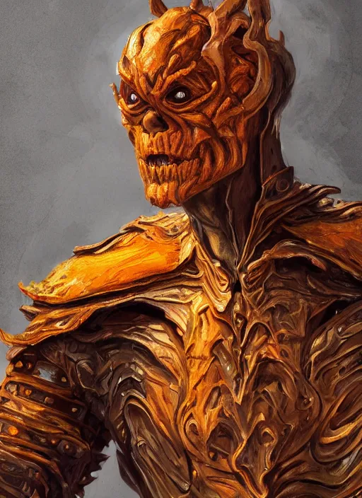 Image similar to powerful male pumpkin, willem dafoe as pumpkinhead, oz, full body character concept, covered in full metal armor, art nouveau, super powers, fantasy, intricate, elegant, highly detailed, digital painting, artstation, concept art, shining, sharp focus, illustration, art by stanley lau