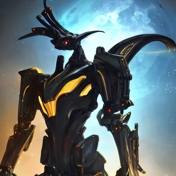 Image similar to cinematic shot, 35 foot tall detailed beautiful handsome quadrupedal robot mecha dragon, sharp edged black armor, gold accents, sleek blue visor for eyes, four legs, walking in busy neon city streets, sharp claws, epic shot, highly detailed art, sci fi, furry, 3D realistic, warframe fanart, destiny fanart, furry art, dragon art, feral art, macro art, furaffinity, DeviantArt, sofurry