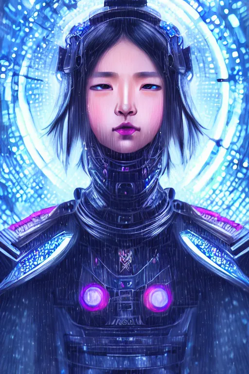 Image similar to portrait futuristic wuxia armor heroine Girl with thunder and fire sparkles and starlight, fighting in future cyberpunk tokyo heavy rainning rooftop , ssci-fi, fantasy, intricate, very very beautiful, elegant, human structure, neon light, highly detailed, digital painting, artstation, concept art, smooth, sharp focus, illustration, art by tian zi and WLOP and alphonse mucha