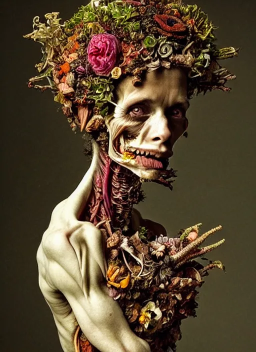 Image similar to beautiful and detailed rotten woman made of plants and many different types of flowers, muscles, intricate, organs, ornate, surreal, miguel angel, gustave courbet, caravaggio, romero ressendi, gunther von hagens