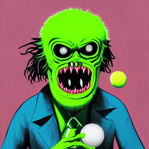 Image similar to a tennis ball monster ,tennis ball,zombie ,chalk digital art, fantasy, magic, trending on artstation, ultra detailed, professional illustration by Basil Gogos