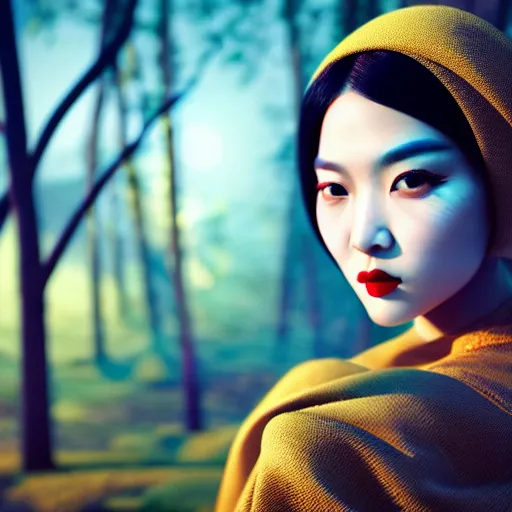 Image similar to innovative avant - garde art, deco fashion, asian women, highly detailed, photorealistic portrait, serene forest setting, golden hour, crisp quality and light reflections, octane render