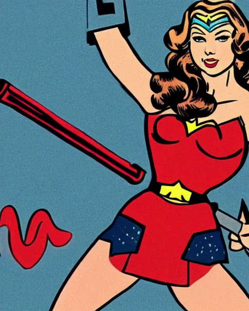 Image similar to taylor swift as wonder woman with a microphone in her hand as her weapon drawn in a 1 9 5 0 s cartoon on a saturday morning style, hugh quality, very well proportioned silhouette