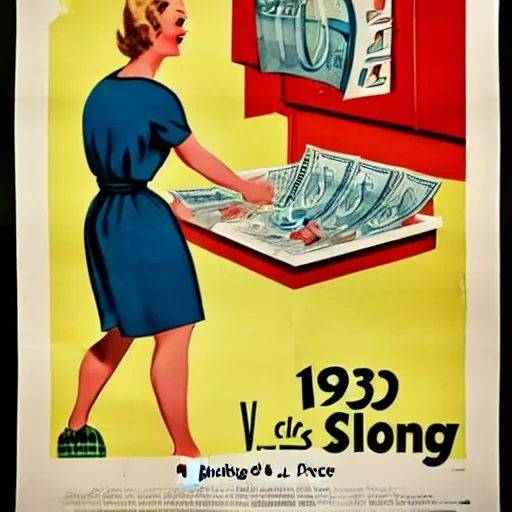 Prompt: a vintage poster of a 1 9 5 0's house wife washing money