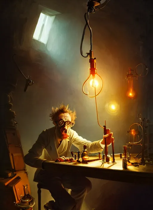 Image similar to mad scientist performing a experiment by otto dix and greg rutkowski and andreas rocha, cinematic lighting, highly detailed, warm colours, 8 k