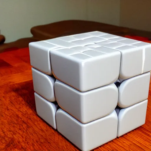 Prompt: rubics cube on white table