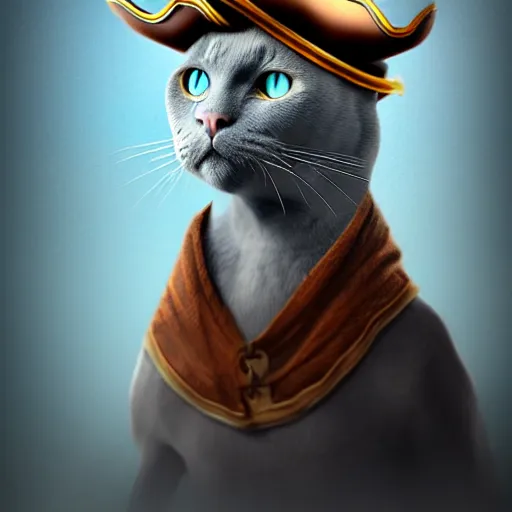 Image similar to gray burmese cat in pirate tricorn, artstation, fantasy