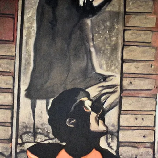 Image similar to This street art was painted in 1937 during the Guerra Civil Española. The woman in the street art is weeping. She is wearing a black dress and a black veil. Her face is distorted by grief. The street art is dark and somber. afrofuturism by Dora Maar, by Heywood Hardy loose, lively