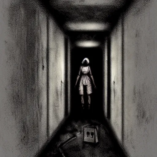 Prompt: rotten nurse | dark hallway | inspired by silent hill | concept art