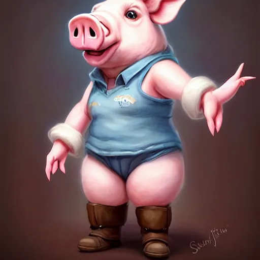 Image similar to cute little anthropomorphic funny female pig wearing shorts, a hat, boots and a pale blue shirt!! tiny!! fully clothed!!! small, short, cute and adorable, character art portrait, matte fantasy painting, deviantart artstation, by jason felix by steve argyle by tyler jacobson by peter mohrbacher, cinema